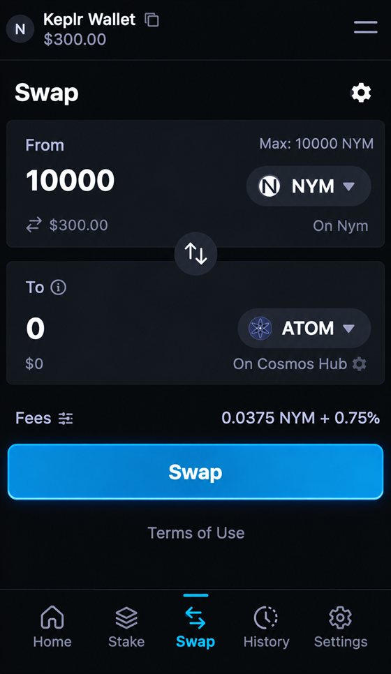 Keplr wallet Swap tab with NYM on the Nym chain