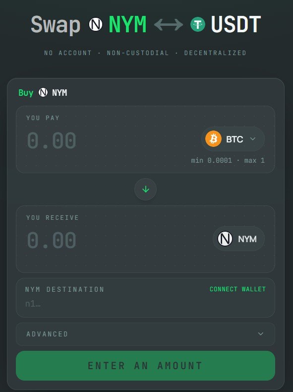 NYM Swap: pay with BTC and receive NYM to an n1 wallet address