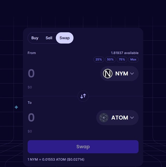 Osmosis swap screen with a NYM and ATOM pair